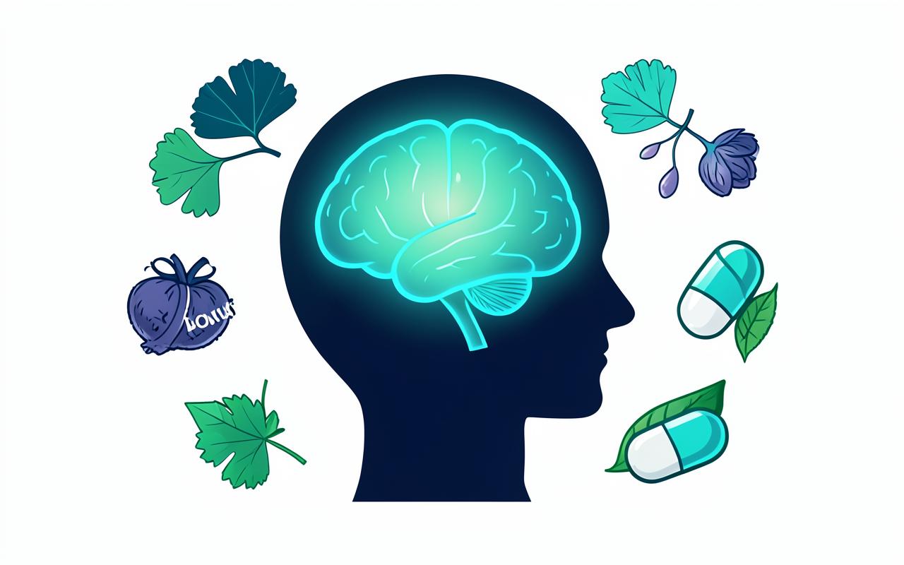 Illustration of a human head with a glowing brain surrounded by herbal supplement ingredients