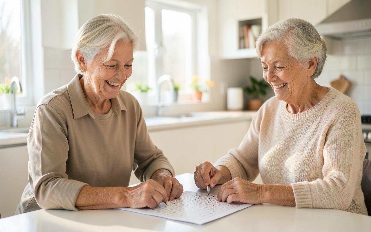 Two older adults smiling while completing a crossword together in a bright kitchen